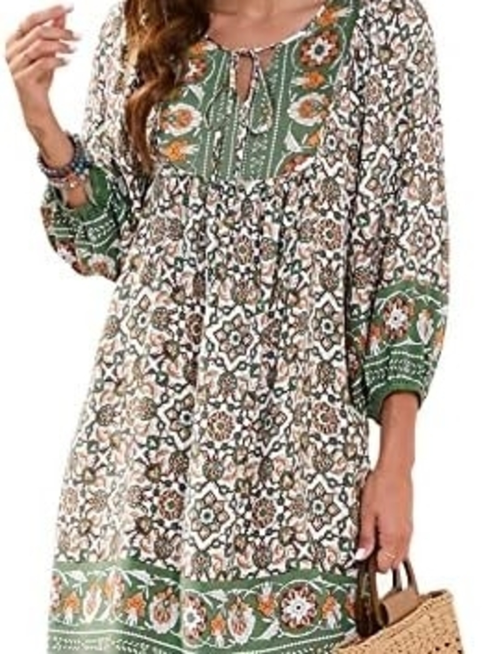 Boho Floral Printed Peasant Dress in Green & Cream